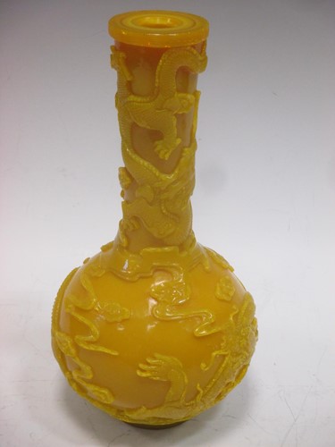 Lot 123 - A Chinese yellow Peking Glass dragon bottle vase