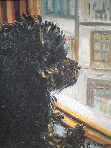 Lot 385 - E Grouard (French): Black shaggy dog peering...