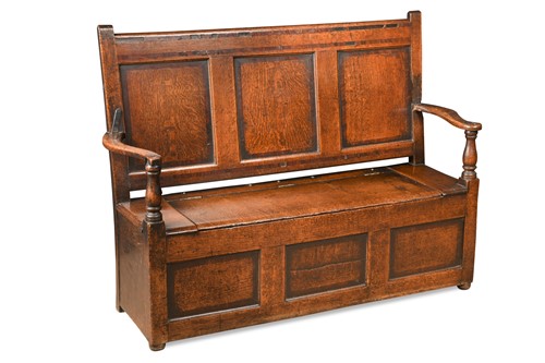 Lot 864 - An oak and fruitwood banded three panelled box settle, 18th century