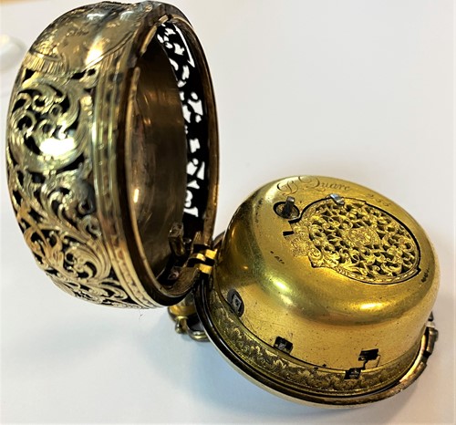 Lot 230 - Daniel Quare, London - A rare early 18th century repeating pair cased pocket watch with regulator aperture, No 255