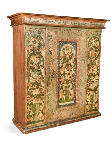 Lot 888 - A Bavarian painted  pine cupboard, 18th century