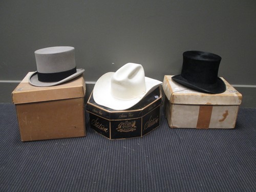 Lot 75 - A Stetson, boxed, and grey and black top hats (3)