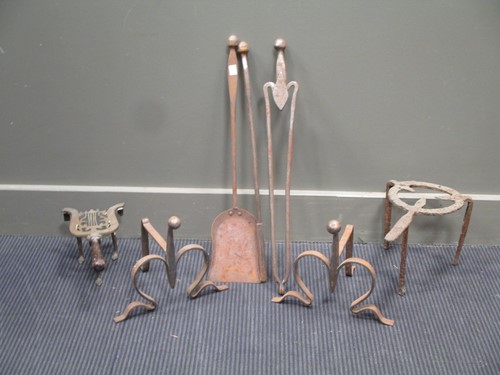 Lot 674 - Various steel fire irons and pair of andirons