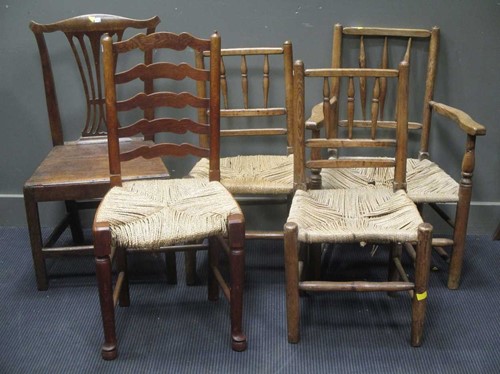 Lot 483 - Four country rush seated chairs, 19th century...