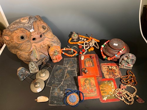 Lot 455 - A Tibetan carved and painted wood demon mask, early to mid 20th century