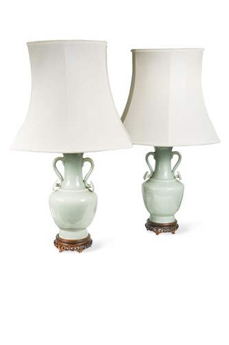 Lot 909 - A pair of 20th century Chinese celadon glazed lamp bases