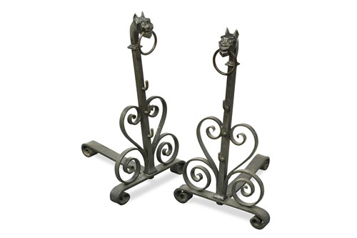 Lot 144 - A pair of early 20th century wrought iron andirons