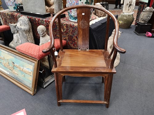 Lot 458 - A pair of Chinese horse shoe backed hardwood armchairs Quanli, in late Ming Dynasty style, 20th century