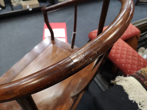 Lot 458 - A pair of Chinese horse shoe backed hardwood armchairs Quanli, in late Ming Dynasty style, 20th century