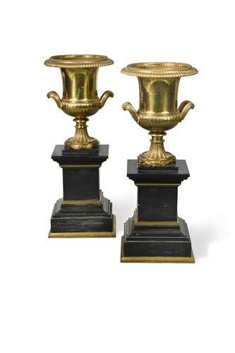 Lot 819 - A pair of 19th century Continental gilt bronze and marble mounted twin handled urns