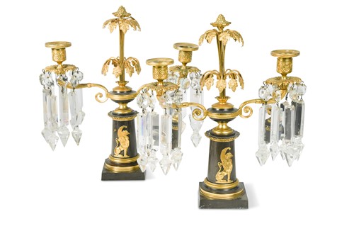 Lot 823 - A pair of Regency bronze and gilt bronze twin-branch table lustres