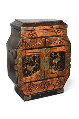 Lot 775 - A Japanese parquetry and lacquered table cabinet or kodansu, Meiji
