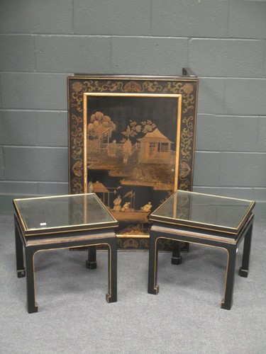 Lot 619 - A Chinese lacquer coffee table inset with a...