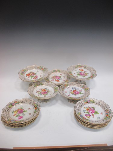 Lot 32 - A Dresden floral painted reticulated dessert...