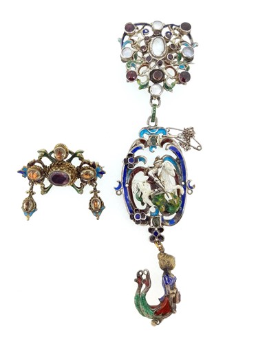 Lot 6 - Two 19th century Austro-Hungarian enamel and gemstone brooches