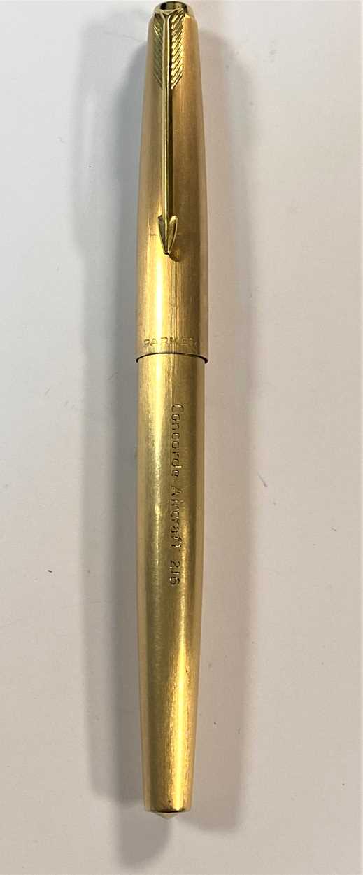 Lot 293 - Parker - A rolled gold fountain pen engraved 'Concorde Aircraft  216' and another