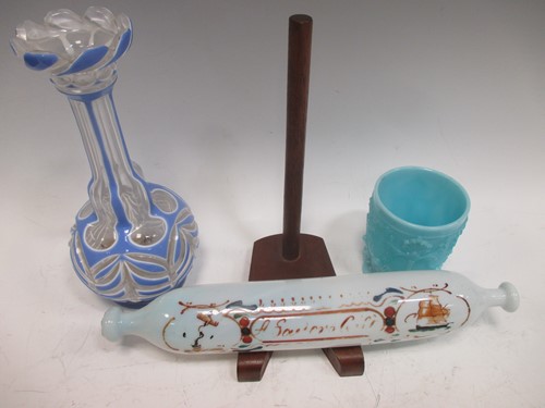 Lot 12 - A Nailsea glass rolling pin, 32cm long; a blue...