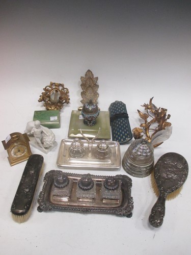 Lot 118 - A champlevé and onyx inkwell, an EPNS desk set...