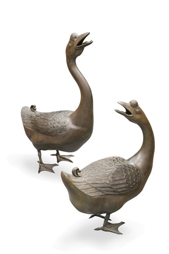 Lot 390 - A pair of modern bronze ornamental geese, 20th century