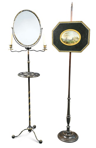 Lot 387 - A black and gilt papier-mâché shaving-mirror, late 19th century
