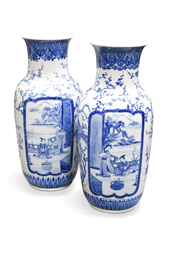 Lot 392 - A pair of Japanese blue and white baluster vases, circa 1900