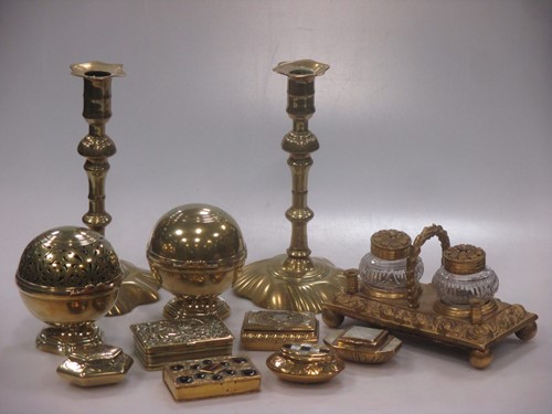 Lot 50 - A collection of brass ware comprising a pair...