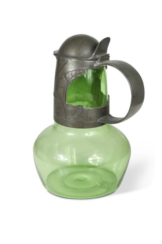 Lot 117 - A Tudric pewter and green Powell glass claret jug and cover, circa 1904