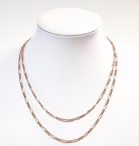 Lot 8 - A rose coloured fancy link long guard chain