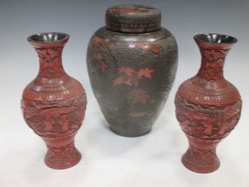 Lot 287 - A pair of cinnabar lacquer vases and a lacquer...