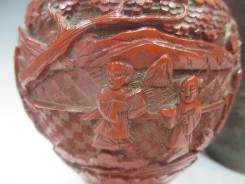 Lot 287 - A pair of cinnabar lacquer vases and a lacquer...