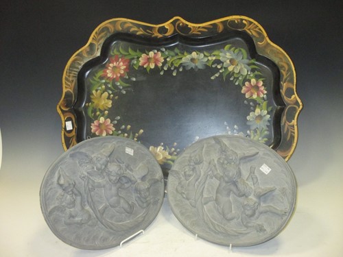 Lot 228 - A floral decorated tin tray in Victorian style,...