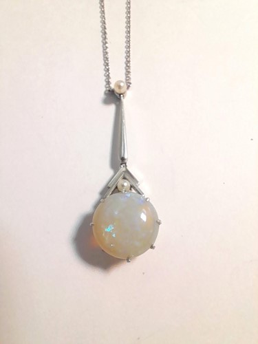Lot 398 - Art Deco style platinum opal and pearl pendant,...