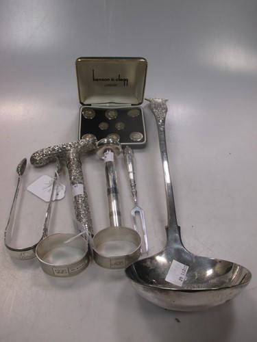 Lot 441 - George III silver sugar tongs, 2 napkin rings,...