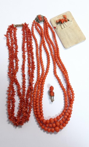 Lot 397 - Two strings of three row coral beads along...