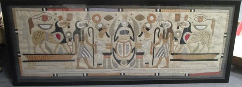 Lot 326 - Egyptian scenes, Three framed panels, possibly...