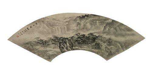 Lot 123 - A Chinese painted paper fan leaf in Song style, late Qing dynasty