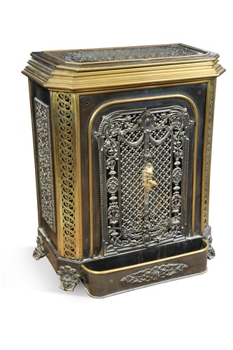 Lot 407 - An ornate Belgian iron and brass fire stove, 19th century
