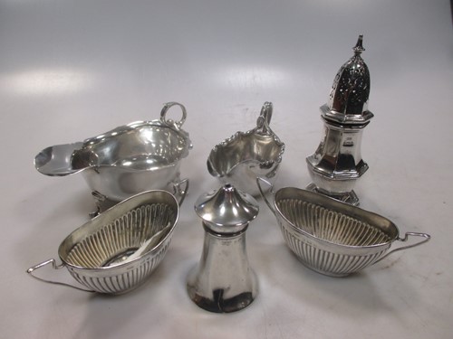 Lot 466 - A pair of silver navette salts, 2 sauce boats,...