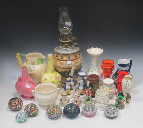 Lot 365 - A Doulton Lambeth stoneware oil lamp, a Beleek...