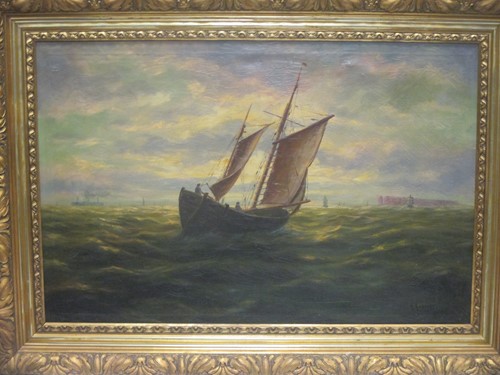 Lot 370 - M / H (?) Roberts, Seascape with fishing...