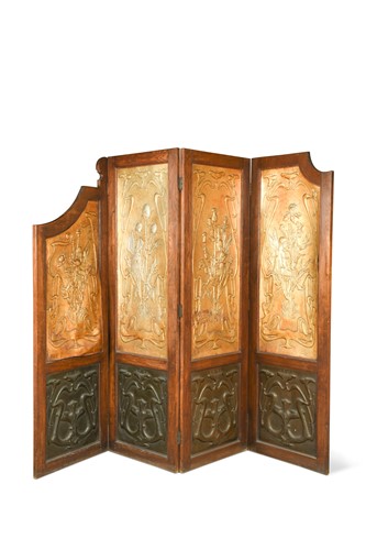 Lot 114 - An Art Nouveau oak framed four-fold screen
