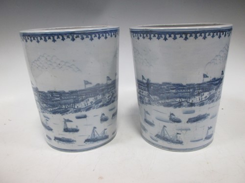 Lot 105 - Pair Chinese porcelain brush pots printed with “Hongs”