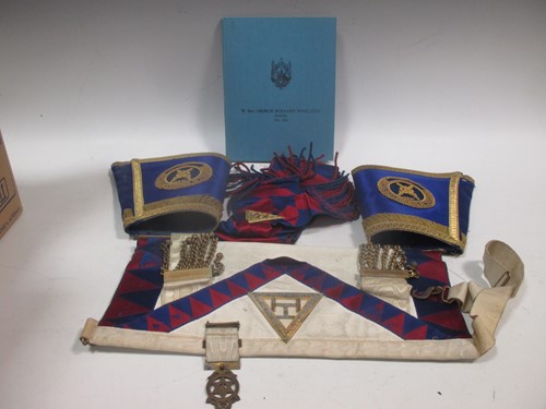 Lot 68 - A Masonic case with aprons etc, a brass...