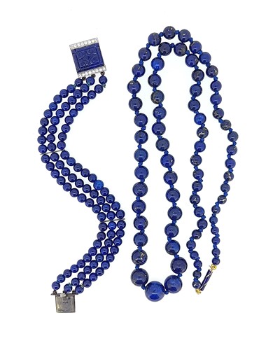 Lot 56 - A lapis lazuli and diamond bracelet together with a lapis lazuli bead necklace