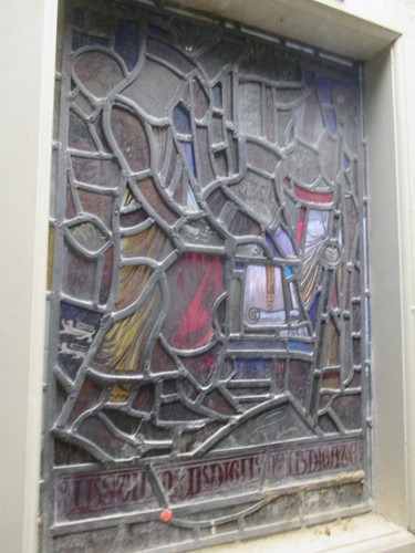 Lot 151 - A leaded stained glass panel of a medieval...
