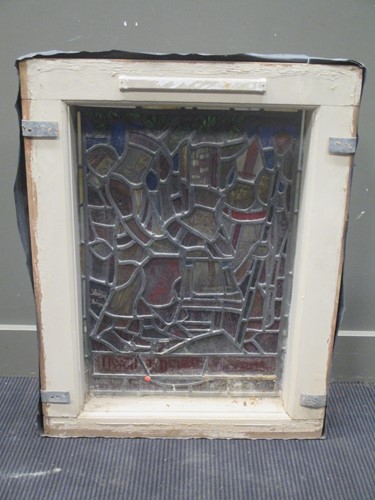 Lot 151 - A leaded stained glass panel of a medieval...