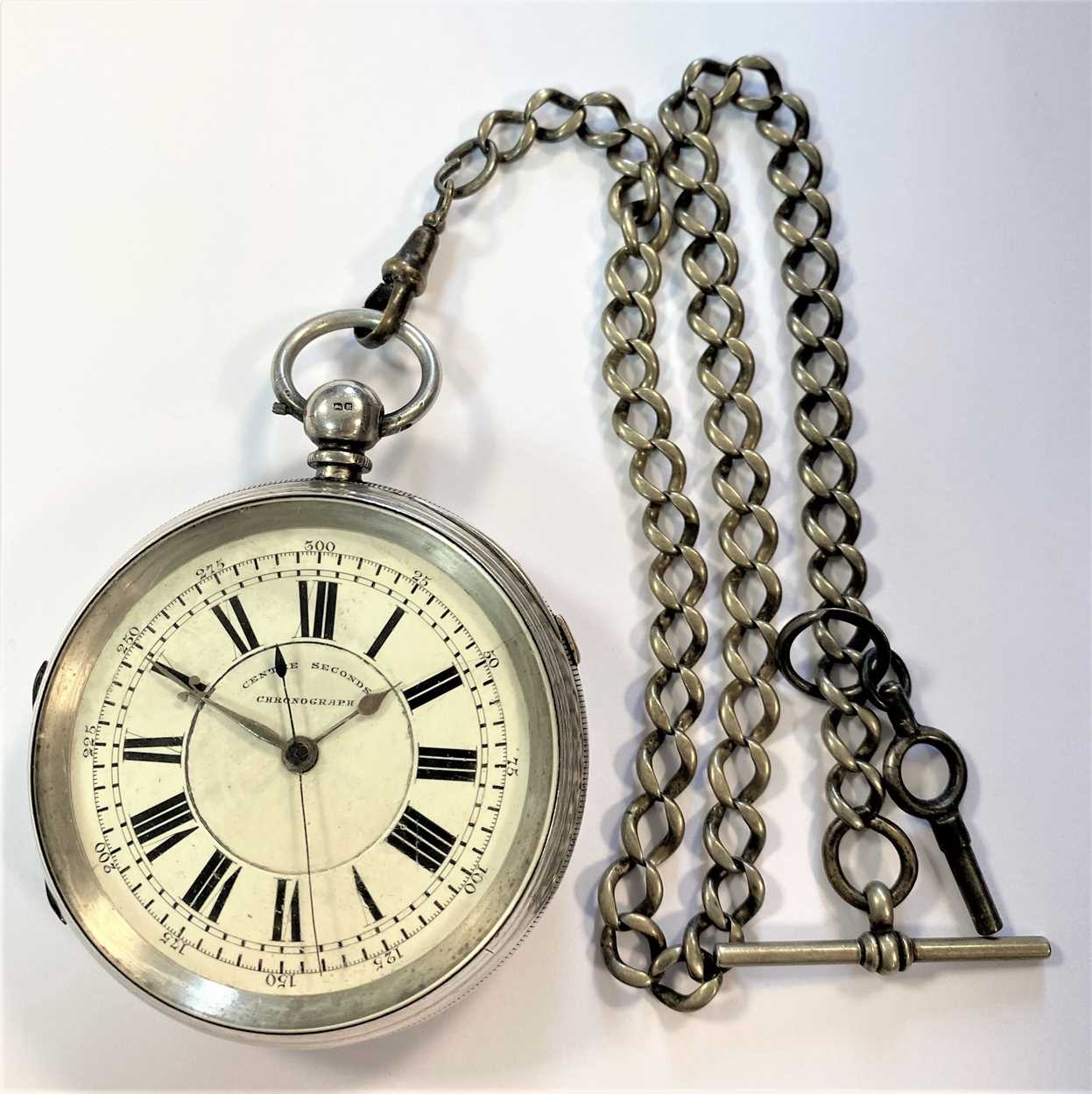 Lot 223 - S. Lichtenstein, Manchester - A Victorian silver 'Goliath' open faced chronograph pocket watch and chain