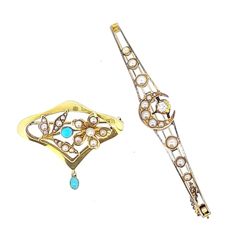 Lot 72 - A pearl and diamond crescent bangle and a pearl and turquoise Art Nouveau brooch