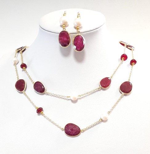 Lot 63 - A modern ruby and freshwater pearl necklace and ear pendant suite