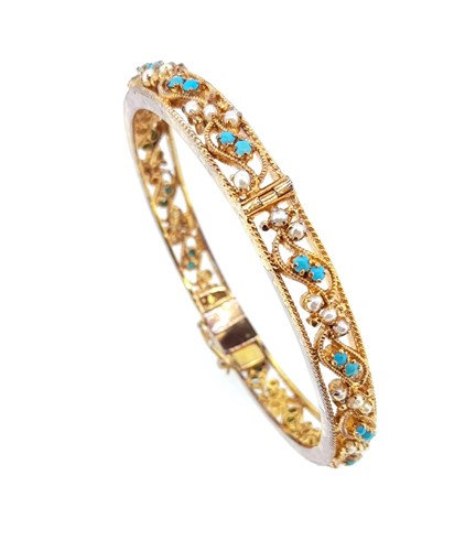 Lot 62 - A turquoise and pearl set filigree bangle